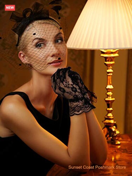 Fascinator Hat with Veil and Short Lace Gloves for Tea Party Funeral Derby